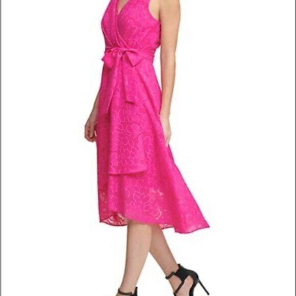DKNY Sleeveless Double-V Faux Wrap Belted Evening Cocktail Dress S 6 fuchsia - Picture 15 of 16